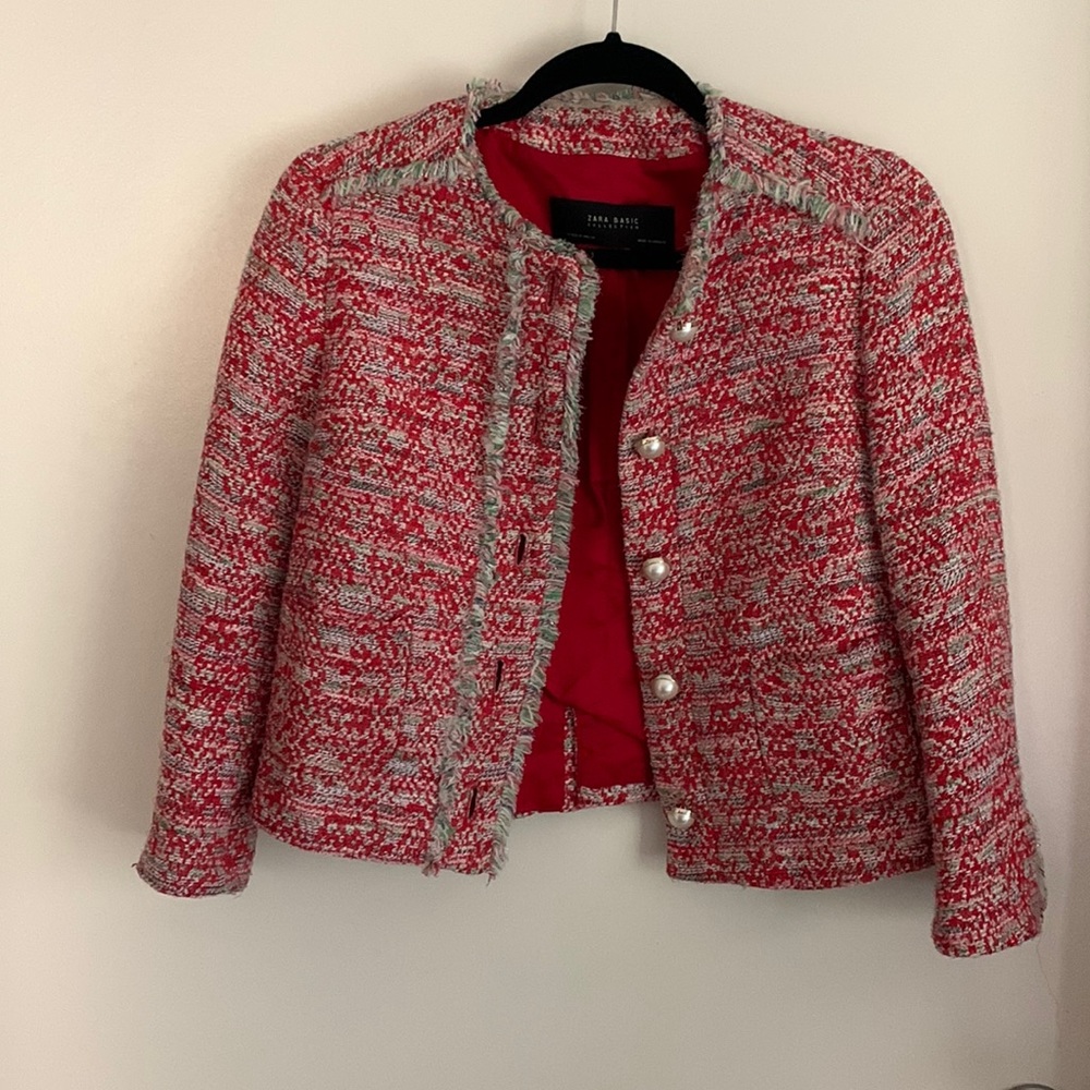 Zara red tweed jacket with pearl buttons and front pockets XS